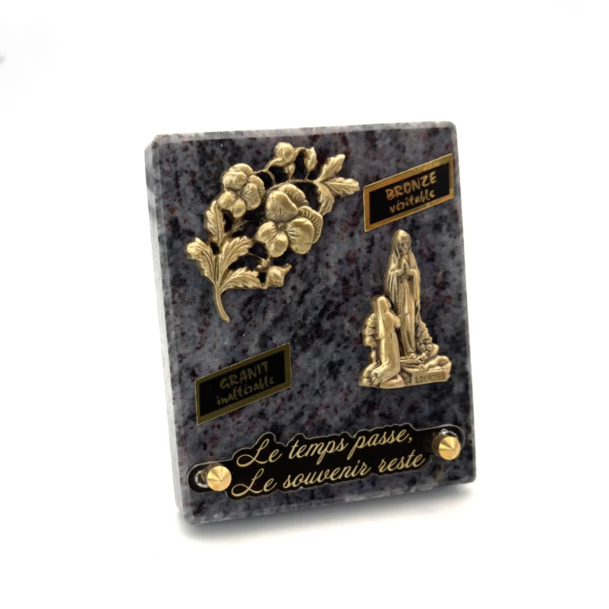 Plaque funéraire Notre-Dame de Lourdes et fleurs en granit gris et bronze