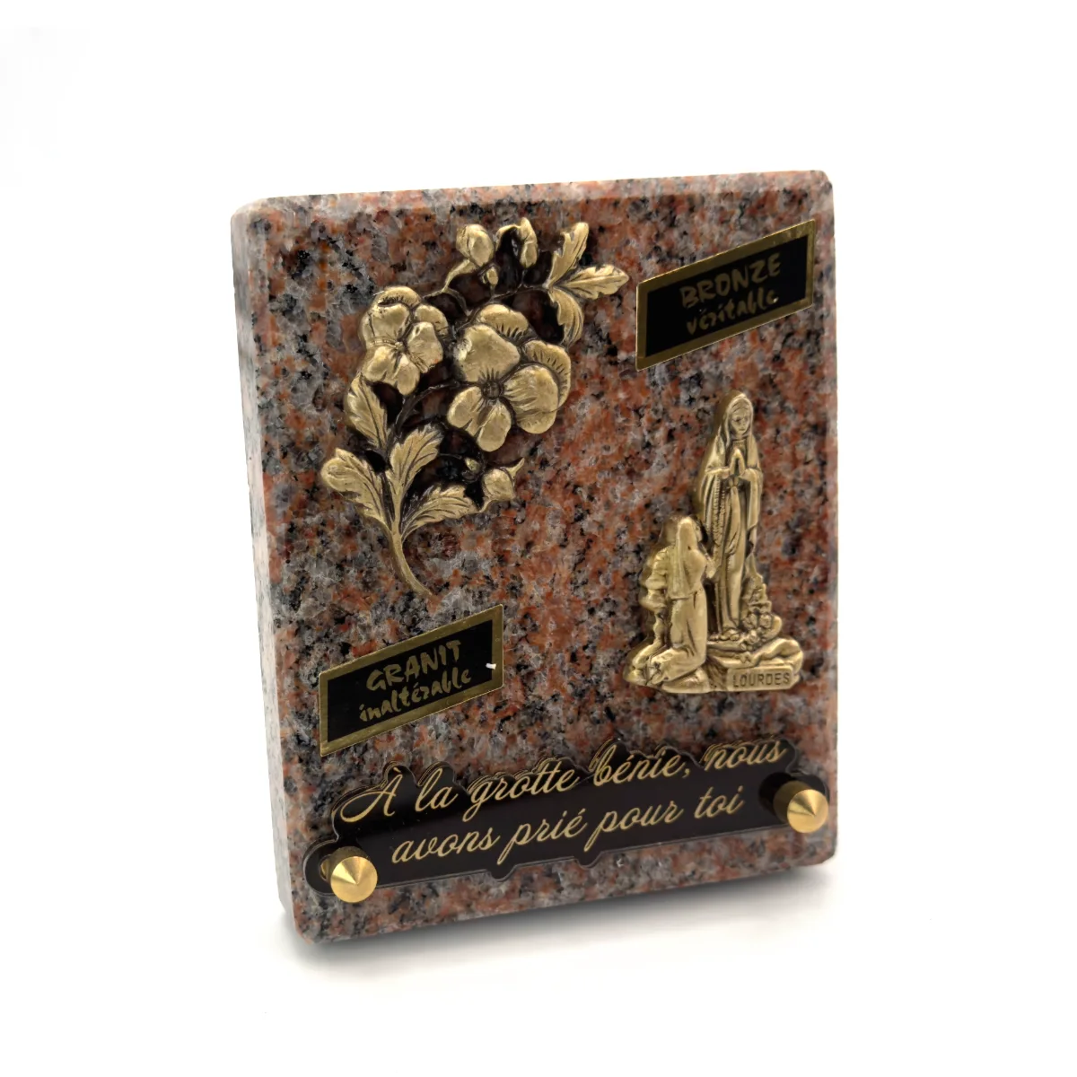 Plaque funéraire Notre-Dame de Lourdes et fleurs en granit rose et bronze