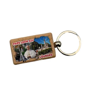 Porte-Clés Souvenir Rectangulaire en Bois - Visite du Pape Léon XIV à Lourdes