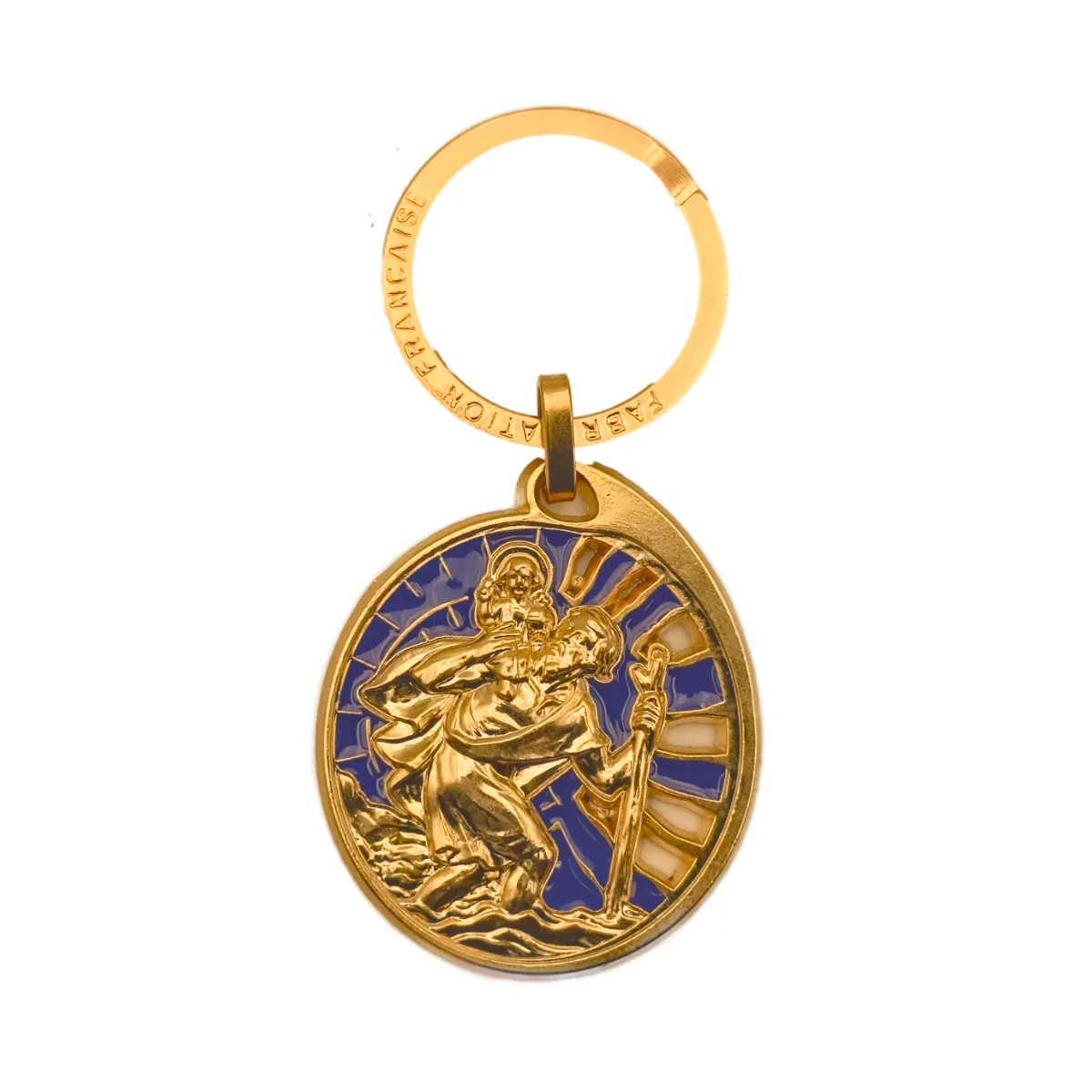 Porte-Clés Saint Christophe Protecteur des Voyageurs en Émail Bleu doré - Fabrication Française