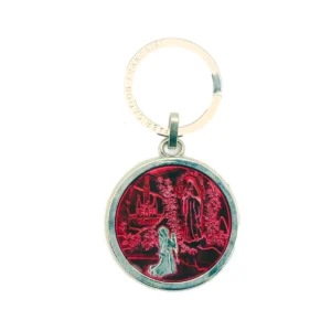 Porte-Clés Rond Apparition de Lourdes - Effet Vitrail Rouge) - Fabrication Française