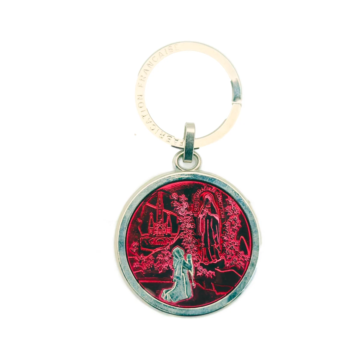 Porte-Clés Rond Apparition de Lourdes - Effet Vitrail Rouge) - Fabrication Française