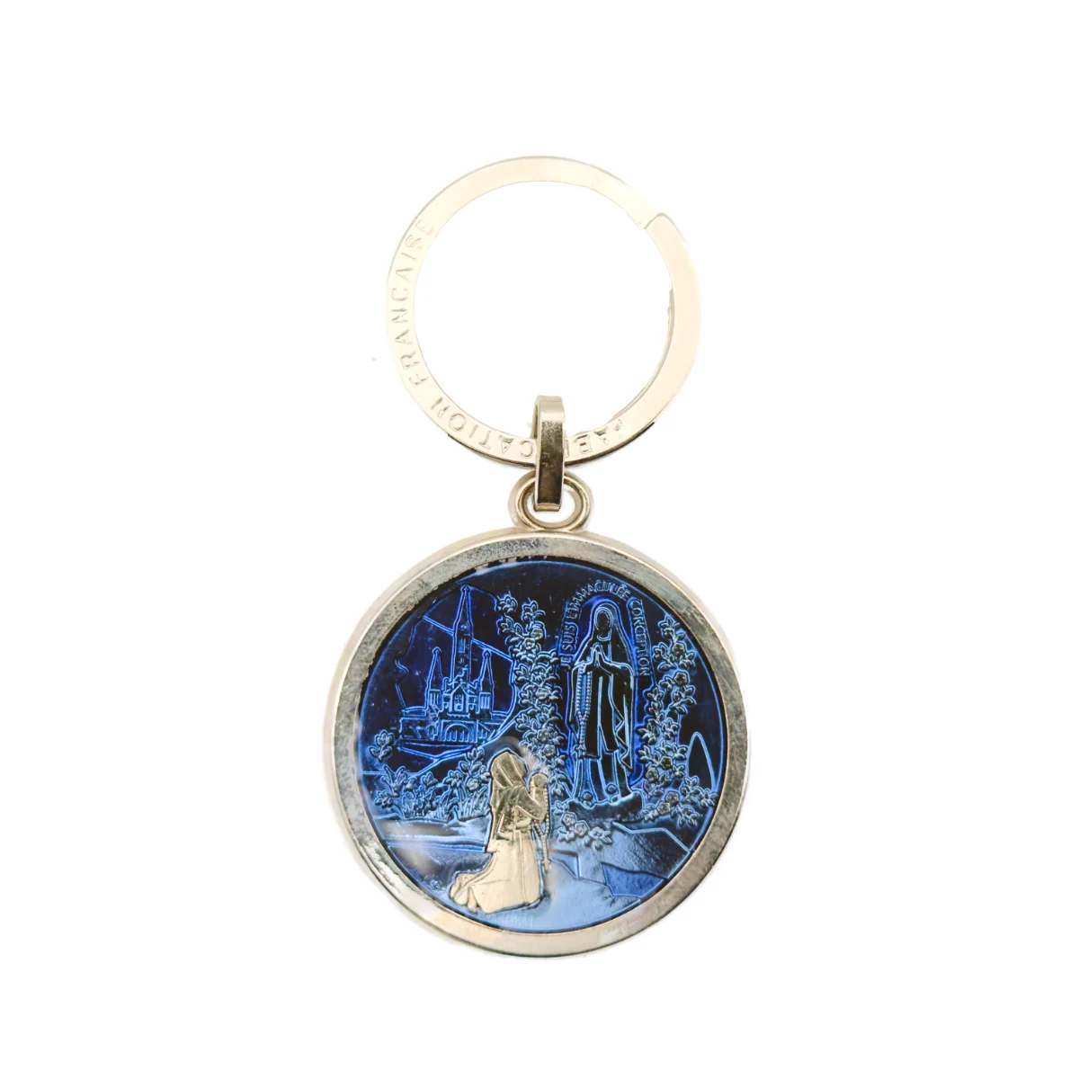 Porte-Clés Rond Apparition de Lourdes - Effet Vitrail Bleu - Fabrication Française