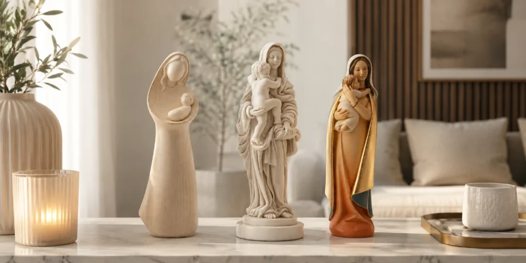 Statues de la Vierge à l'enfant dans un intérieur moderne
