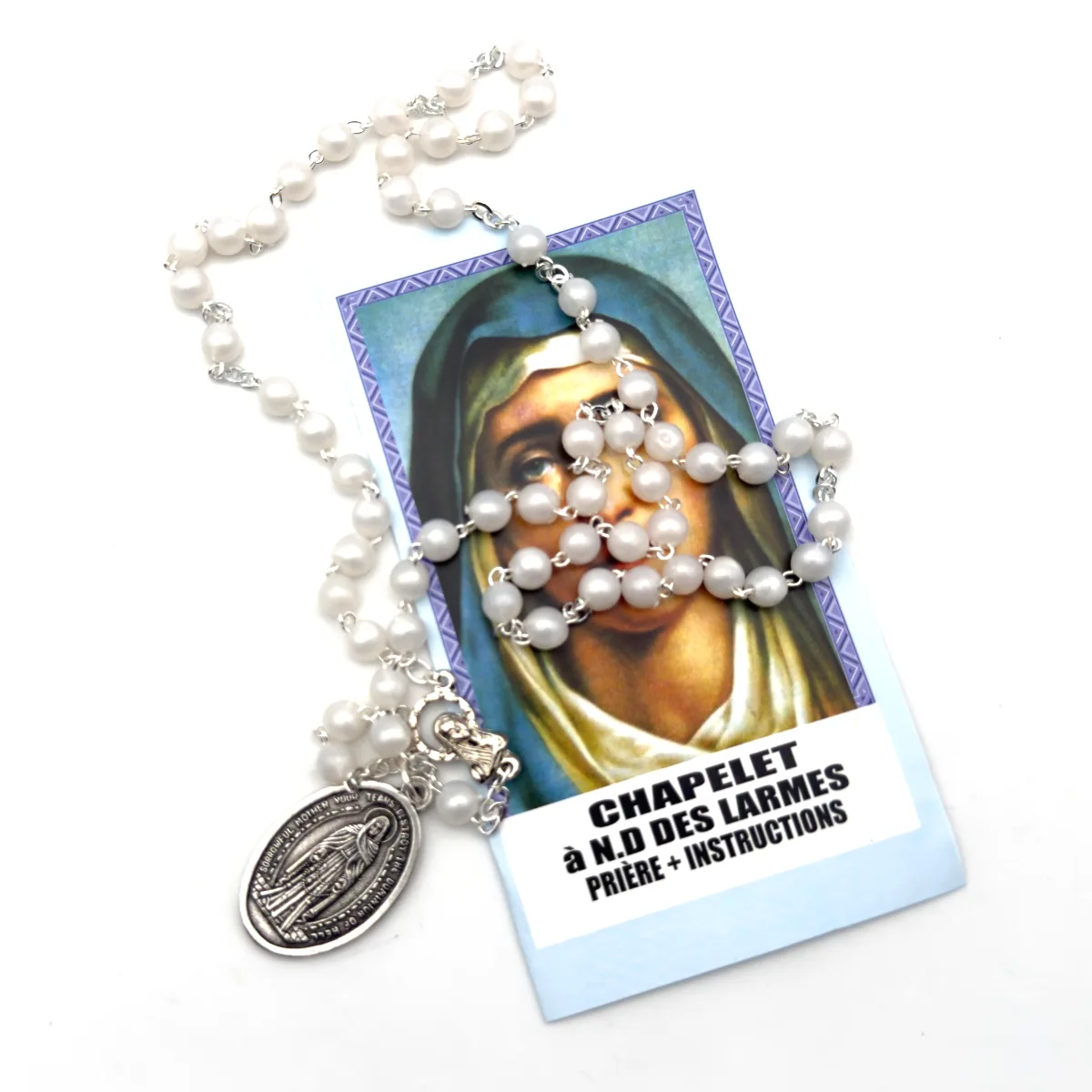 Chapelet de Dévotion à Notre-Dame des Larmes - Perles Nacrées Blanches (Livret Inclus)