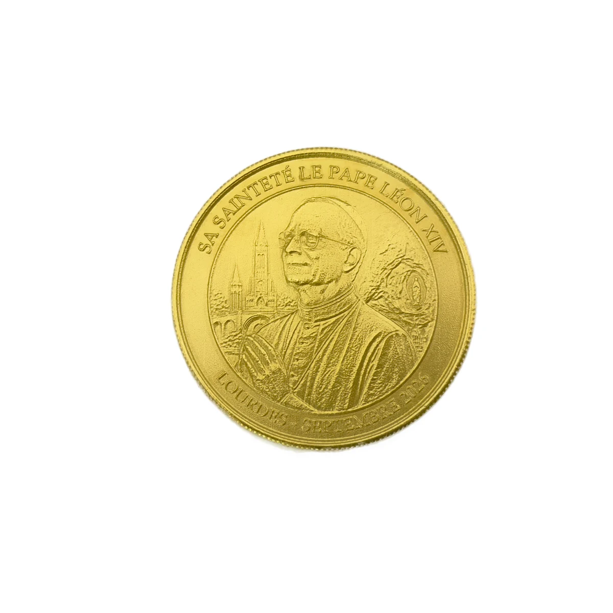Médaille Souvenir Inox Doré - Visite du Pape Léon XIV (Fabriquée à Lourdes)