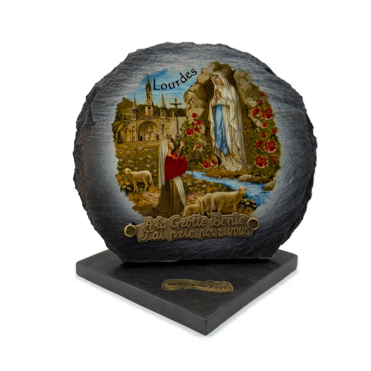 Plaque funéraire Lourdes en ardoise des Pyrénées avec socle – couleur – 22 x 21 cm ou 17 x 16 cm