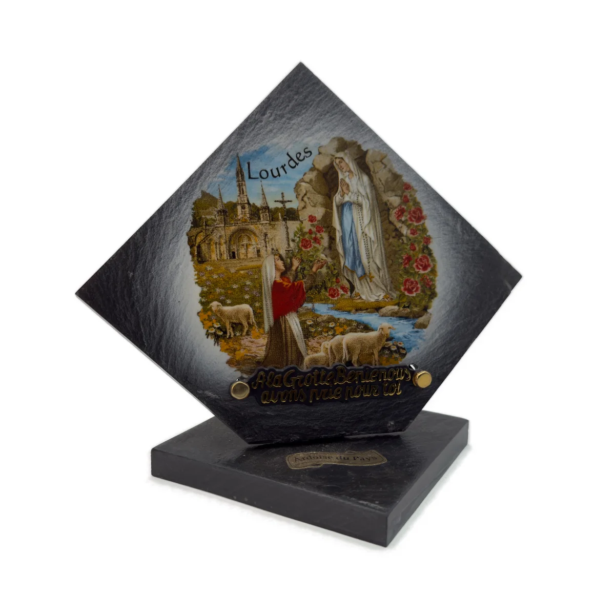 Plaque funéraire losange Lourdes en ardoise 21 x 21 cm en couleur