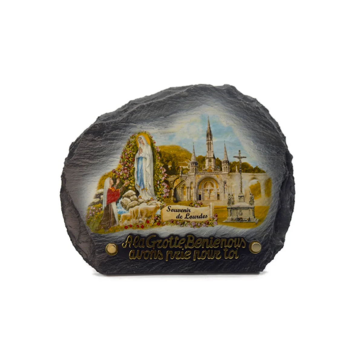 Plaque funéraire Lourdes en ardoise des Pyrénées – 21 x 17 cm – couleur ou noir et blanc