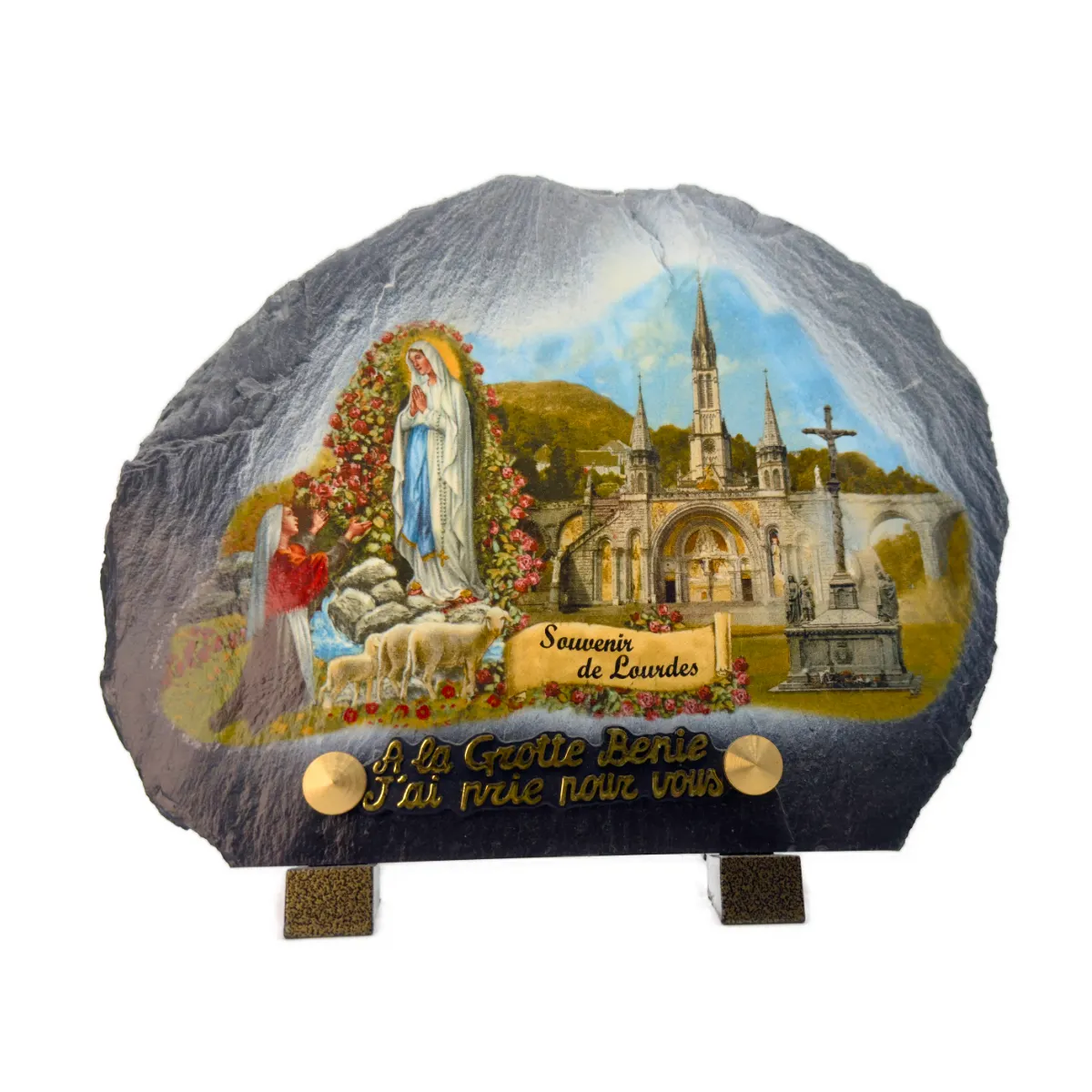 Grande Plaque funéraire Lourdes en ardoise des Pyrénées – couleur ou noir et blanc - 32 x 25 cm – Image 2