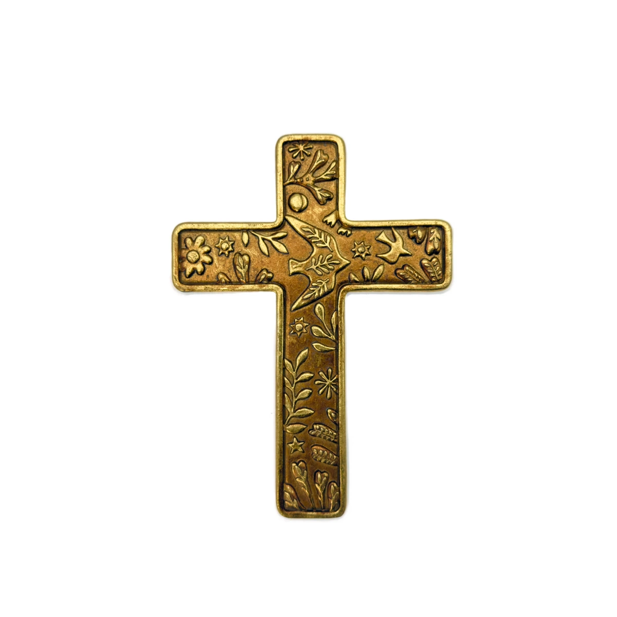 Croix dorée antique - motifs Colombe et Fleurs - 15 cm