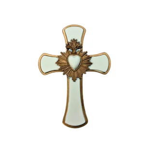 Croix Murale et Ex-Voto en Résine « Cœur Sacré Blanc et Or » – 16 cm
