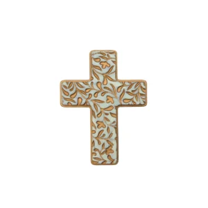 Croix Murale et Ex-Voto en Résine « Feuillages Dorés » – 12 cm