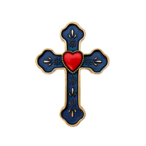 Croix Murale et Ex-Voto en Résine « Cœur Rouge sur Fond Bleu » – 16 cm