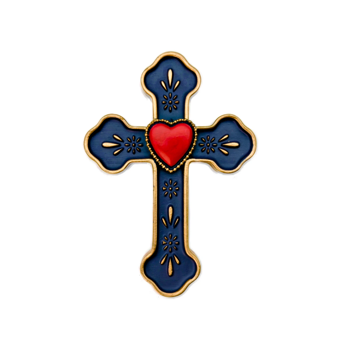 Croix Murale et Ex-Voto en Résine « Cœur Rouge sur Fond Bleu » – 16 cm