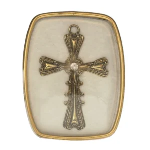 Cadre reliquaire croix Dorée Fleurdelisée sous Verre Bombé – 15 cm