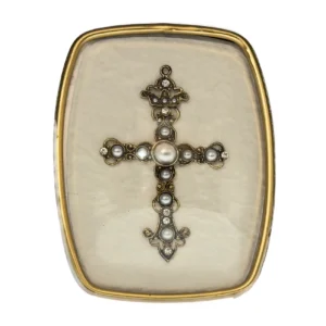 Cadre Reliquaire Croix aux Perles et Strass sous Verre Bombé – 15 cm