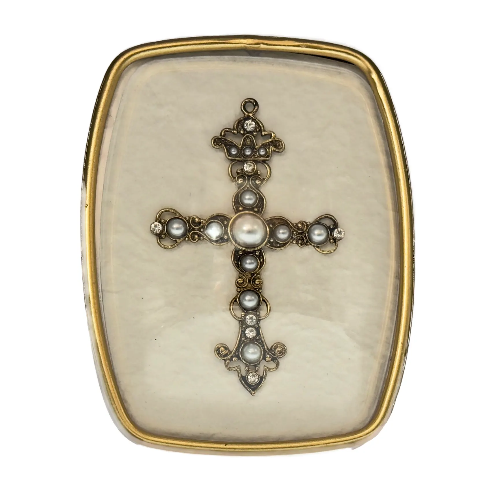 Cadre Reliquaire Croix aux Perles et Strass sous Verre Bombé – 15 cm