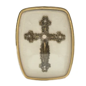 Cadre Reliquaire Croix Filigranée Patinée sous Verre Bombé – 15 cm