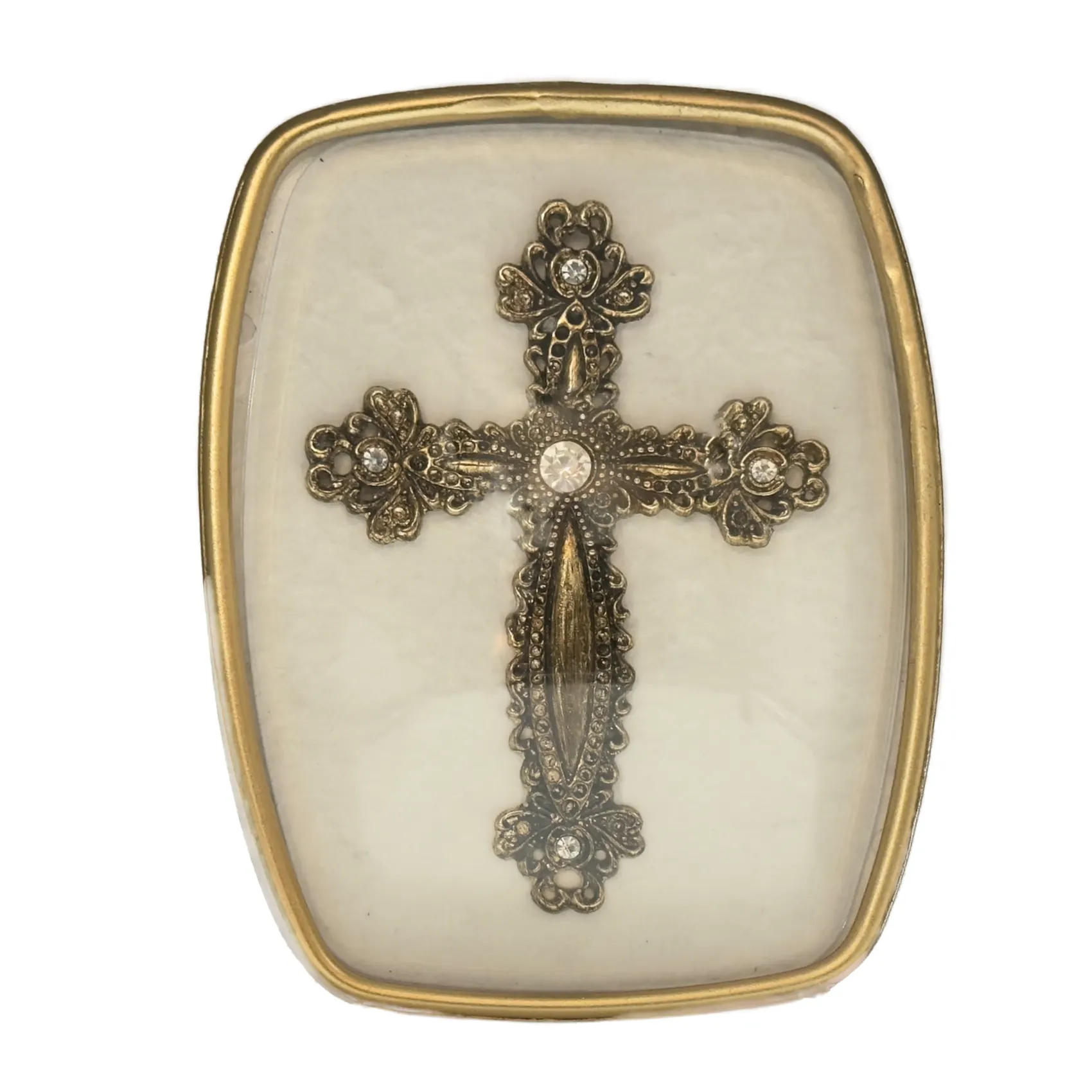 Cadre Reliquaire Croix Filigranée Patinée sous Verre Bombé – 15 cm