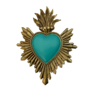 Ex-Voto Mural Cœur Flamboyant Turquoise et Or – 18 cm