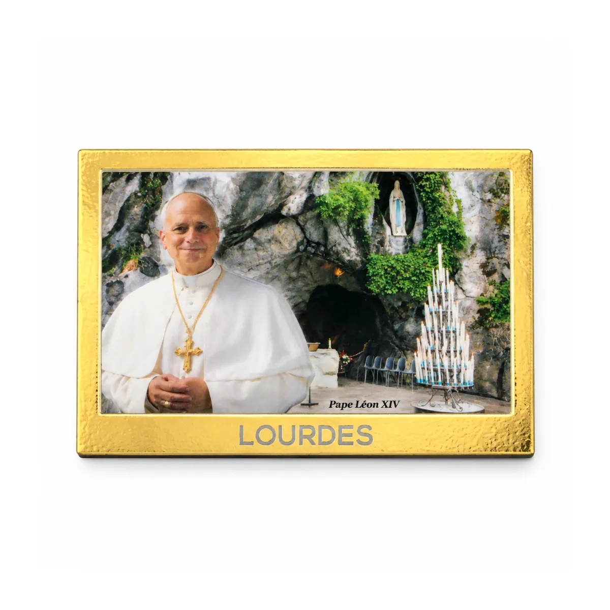 Magnet doré souvenir « Pape Léon XIV à la Grotte de Lourdes » – Visite historique 2026