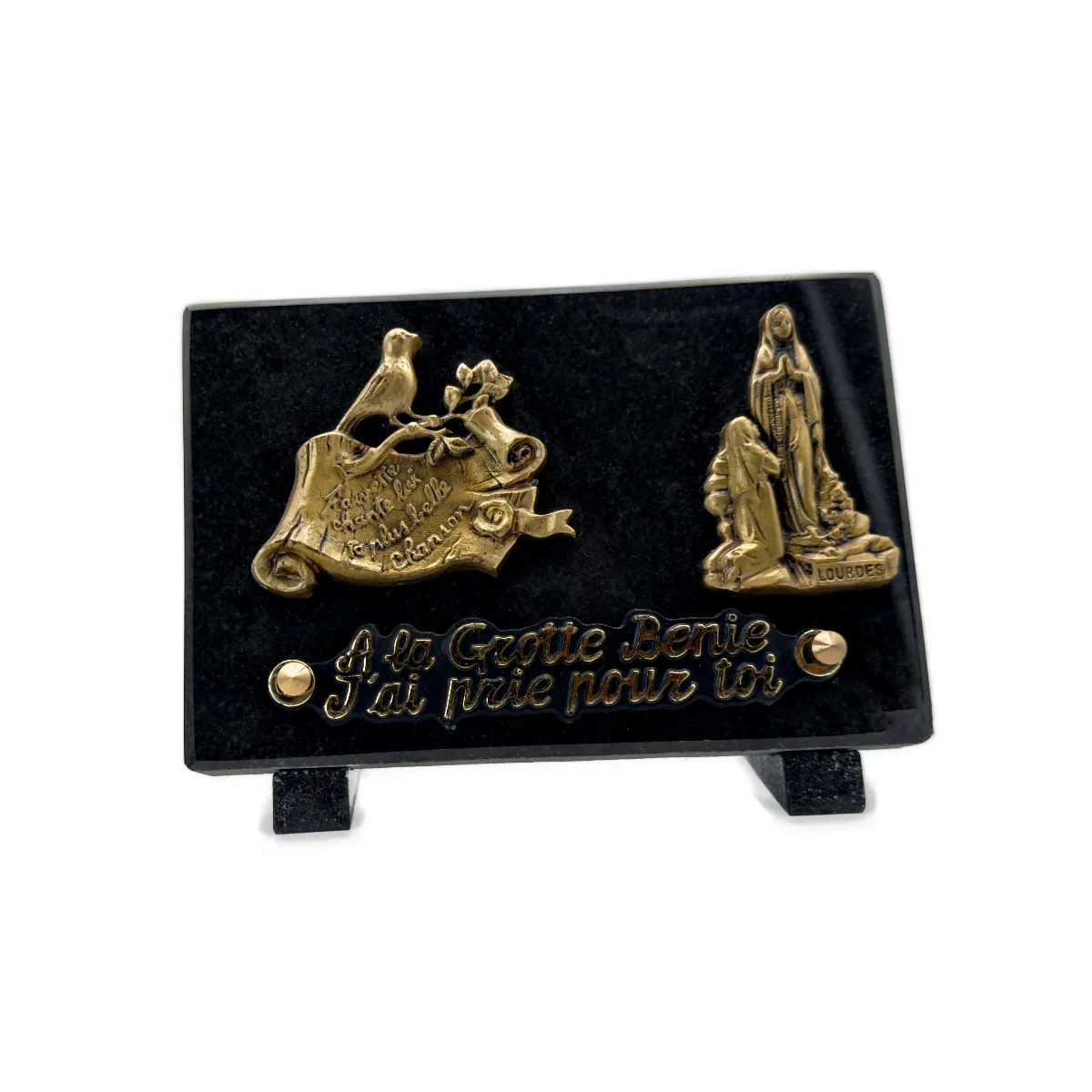 Plaque funéraire parchemin et Notre-Dame de Lourdes en granit noir et bronze – 18 x 12 cm