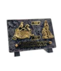 Plaque funéraire parchemin et Notre-Dame de Lourdes en granit GRIS et bronze – 18 x 12 cm