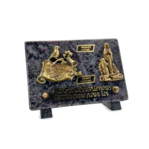 Plaque funéraire parchemin et Notre-Dame de Lourdes en granit GRIS et bronze – 18 x 12 cm