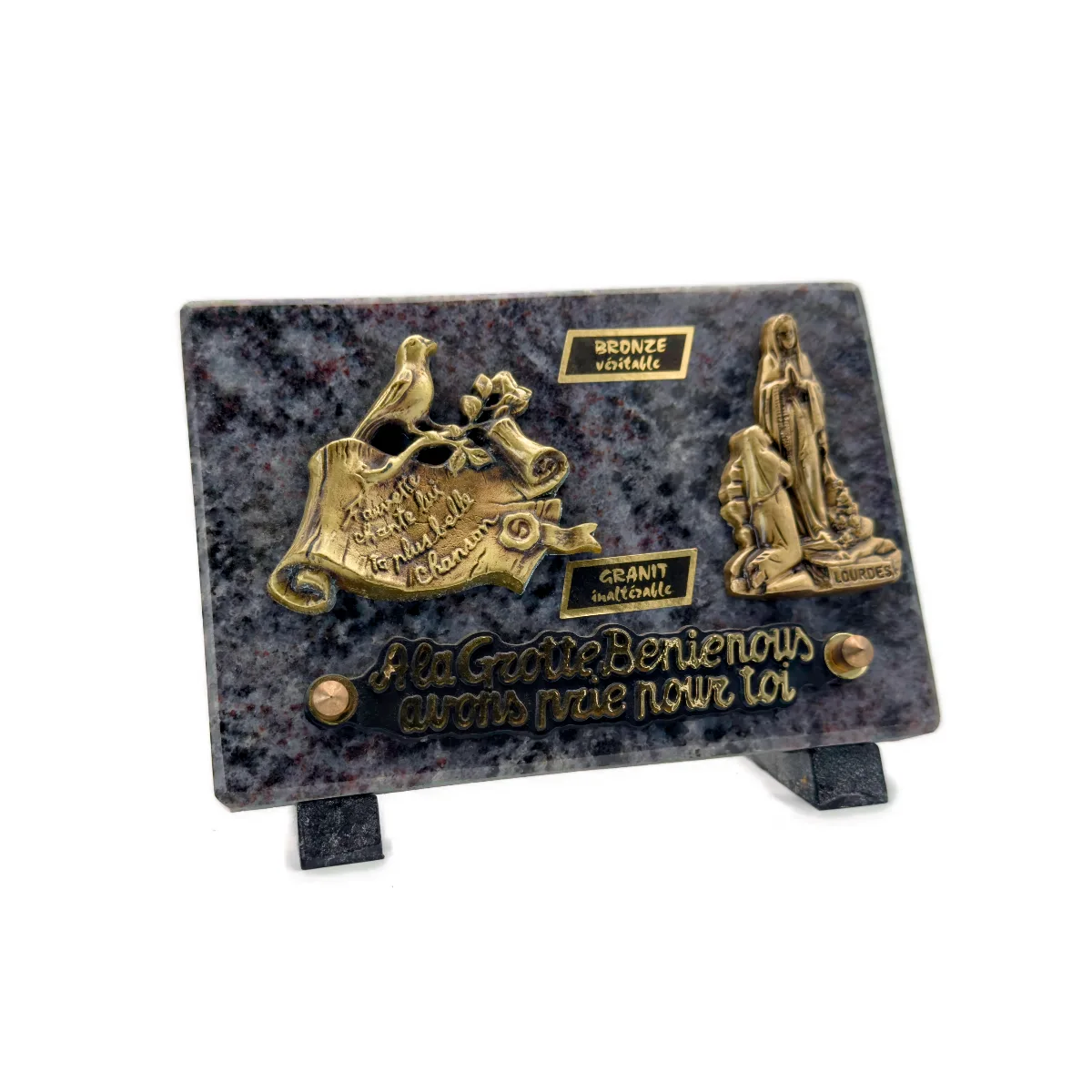 Plaque funéraire parchemin et Notre-Dame de Lourdes en granit GRIS et bronze – 18 x 12 cm