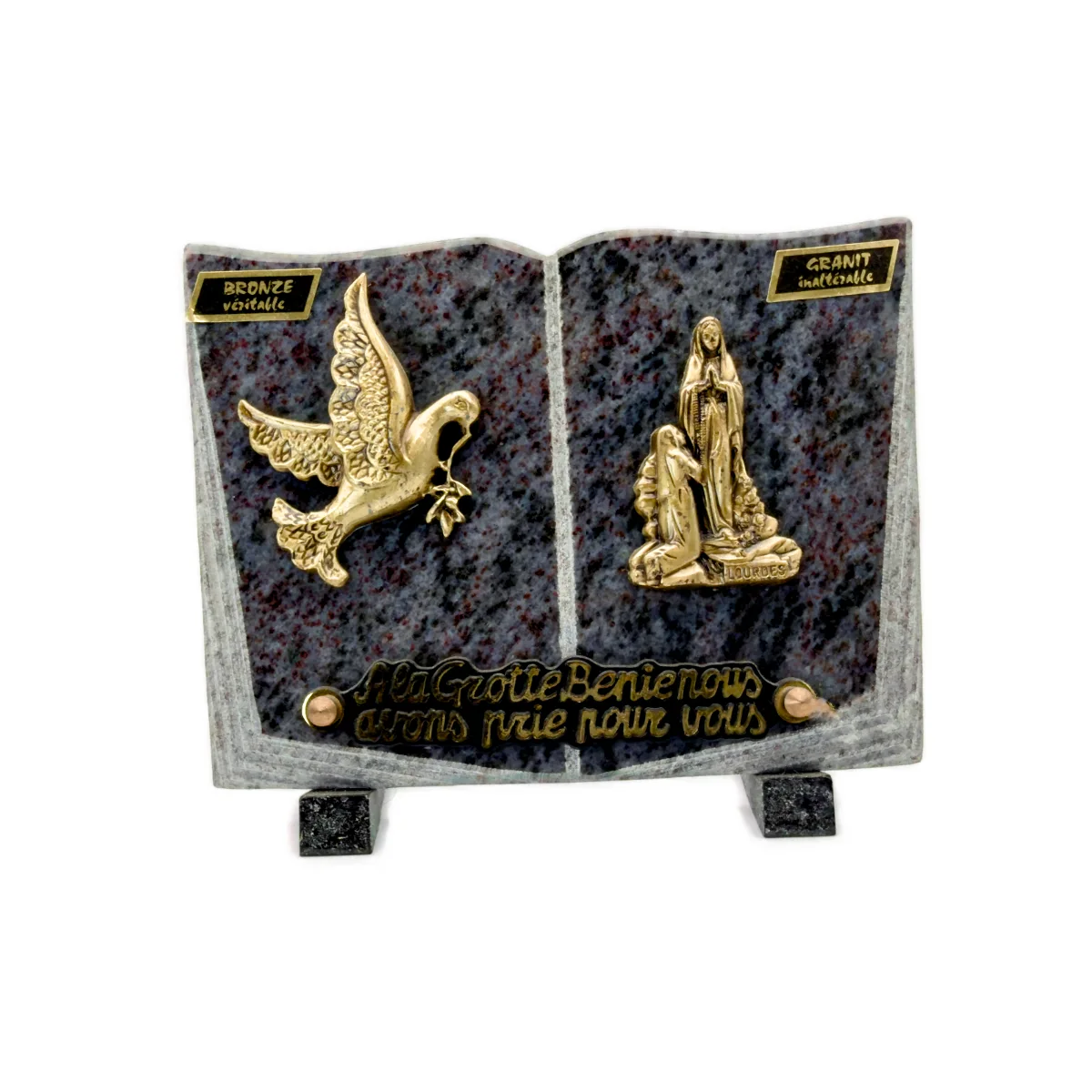 Plaque funéraire colombe et Notre-Dame de Lourdes en granit et bronze – 20 x 15 cm
