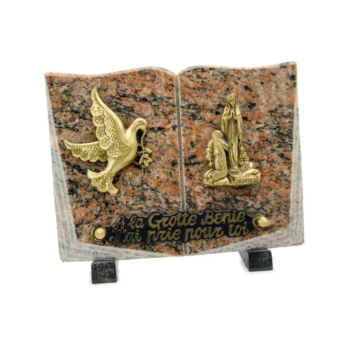 Plaque funéraire colombe et Notre-Dame de Lourdes en granit rose et bronze – 20 x 15 cm