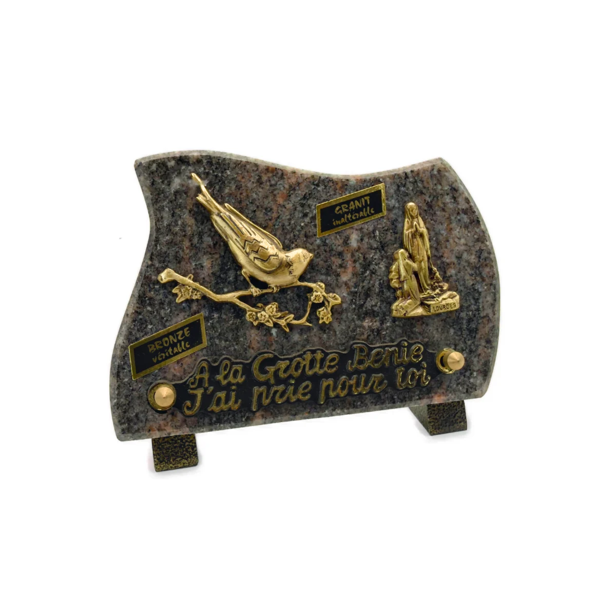 Plaque funéraire oiseau et Notre-Dame de Lourdes en granit et bronze – 18 x 13 cm – Image 5