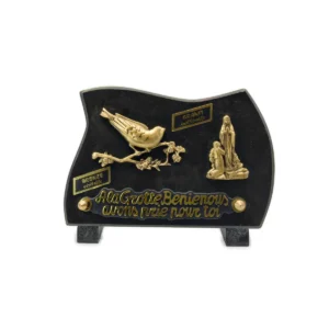 Plaque funéraire oiseau et Notre-Dame de Lourdes en granit et bronze – 18 x 13 cm