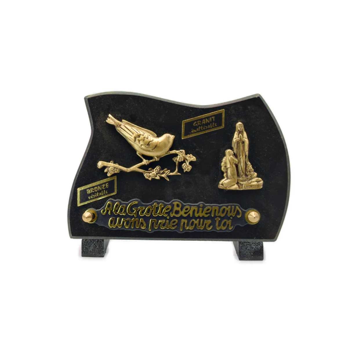Plaque funéraire oiseau et Notre-Dame de Lourdes en granit et bronze – 18 x 13 cm