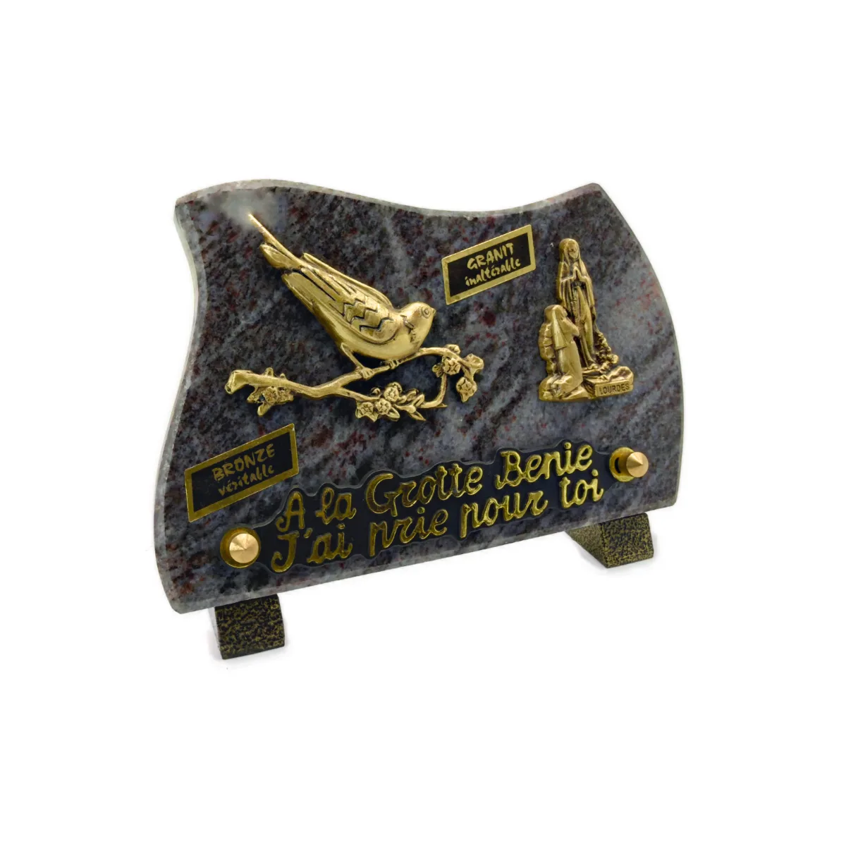 Plaque funéraire oiseau et Notre-Dame de Lourdes en granit et bronze – 18 x 13 cm – Image 4