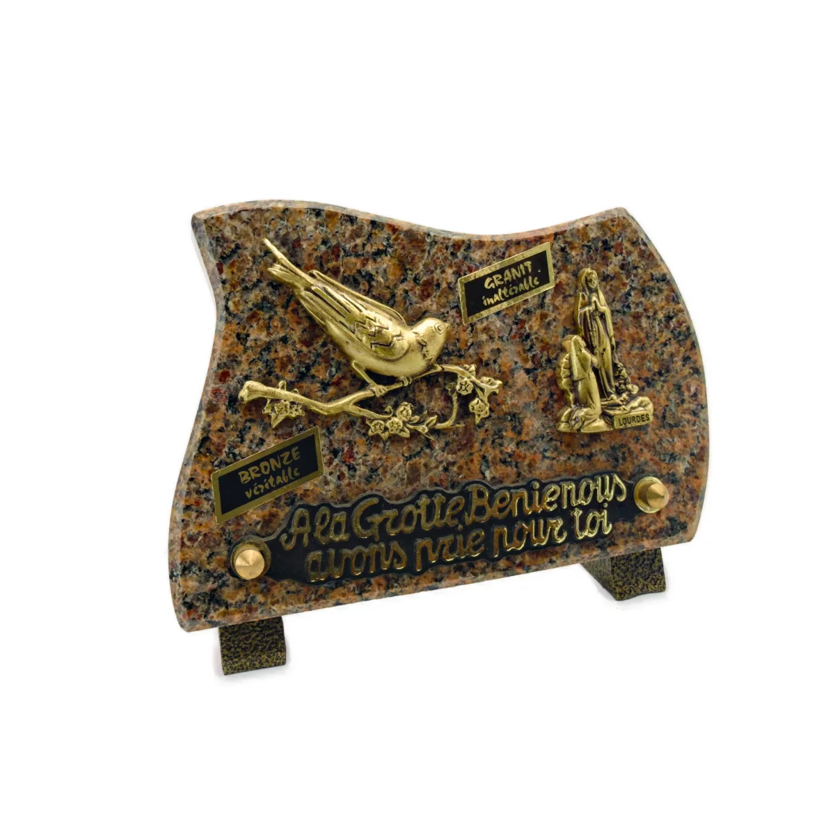 Plaque funéraire oiseau et Notre-Dame de Lourdes en granit et bronze – 18 x 13 cm – Image 3