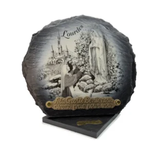 Plaque funéraire Lourdes en ardoise des Pyrénées avec socle – noir et blanc – 22 x 21 cm ou 17 x 16 cm