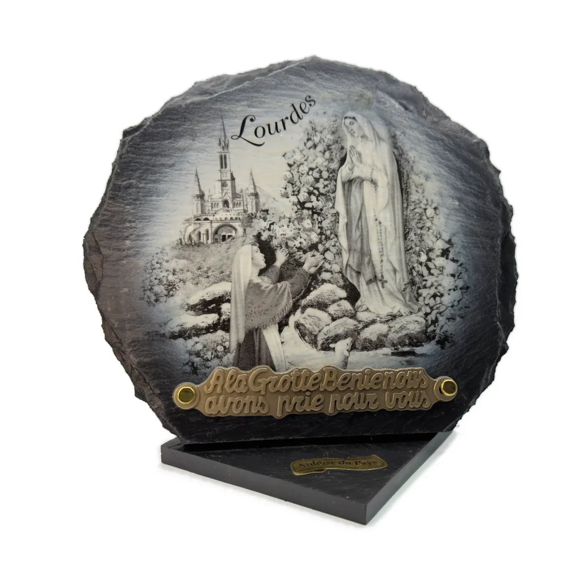 Plaque funéraire Lourdes en ardoise des Pyrénées avec socle – noir et blanc – 22 x 21 cm ou 17 x 16 cm