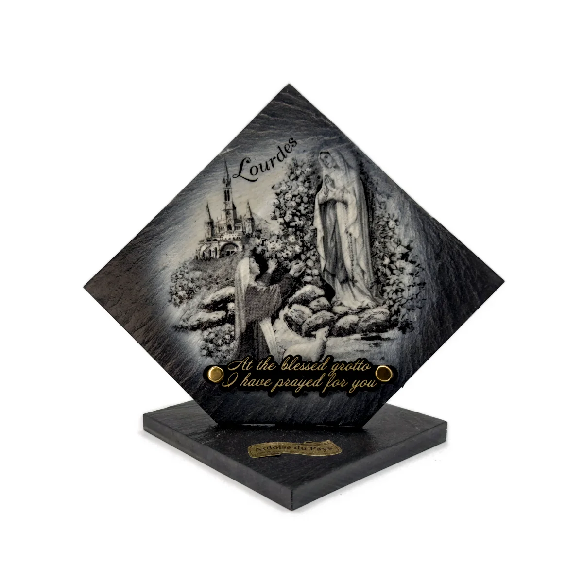 Plaque funéraire losange Lourdes en ardoise 21 x 21 cm en noir et blanc