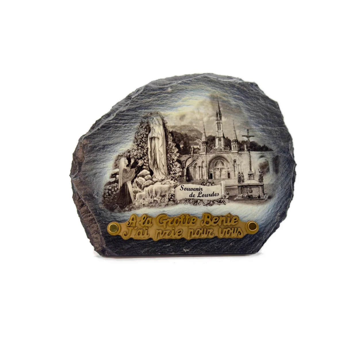 Plaque funéraire Lourdes en ardoise des Pyrénées – 21 x 17 cm – couleur ou noir et blanc