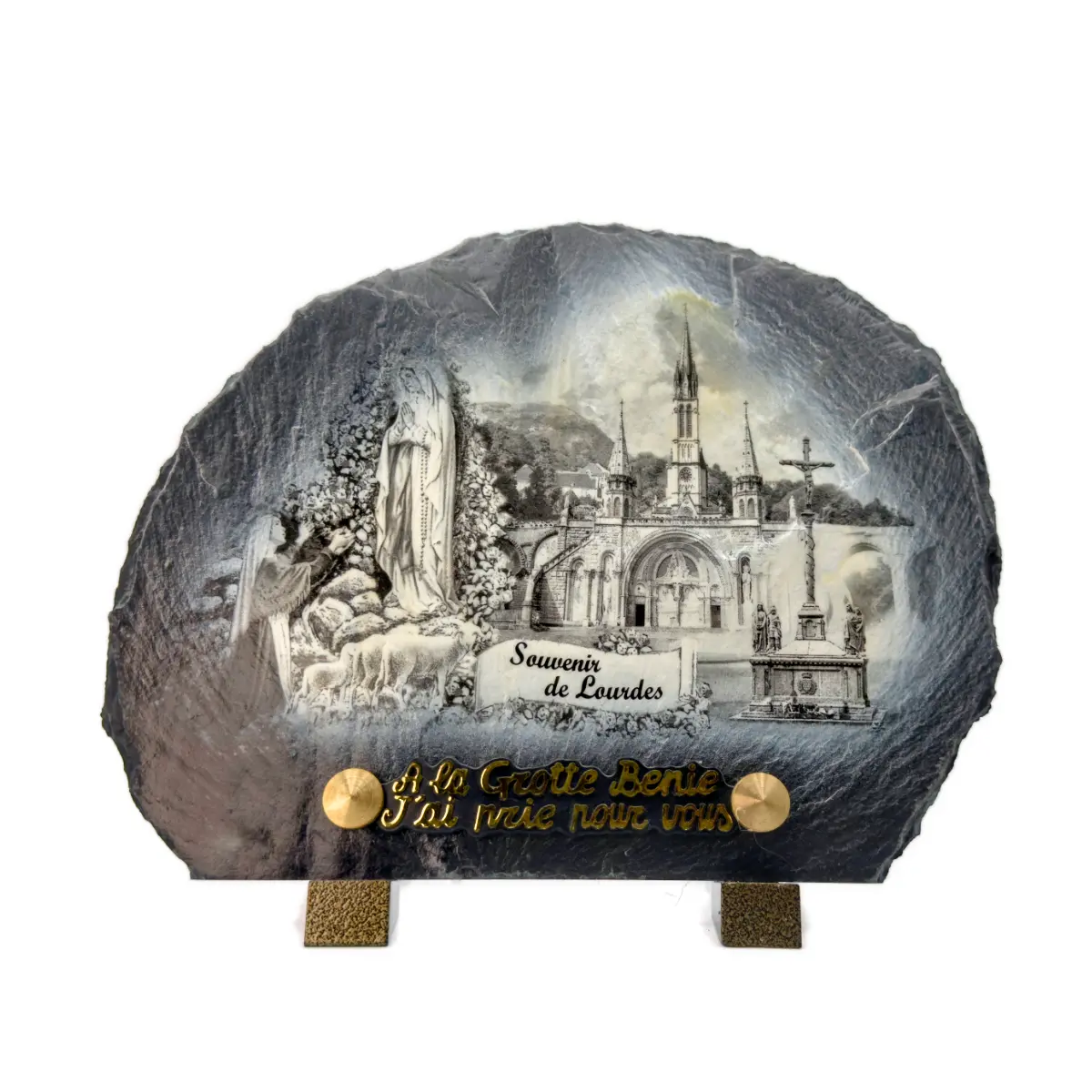 Grande Plaque funéraire Lourdes en ardoise des Pyrénées – couleur ou noir et blanc - 32 x 25 cm