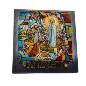 Plaque funéraire Lourdes en ardoise des Pyrénées - décor vitrail couleur - 20 x 20 cm
