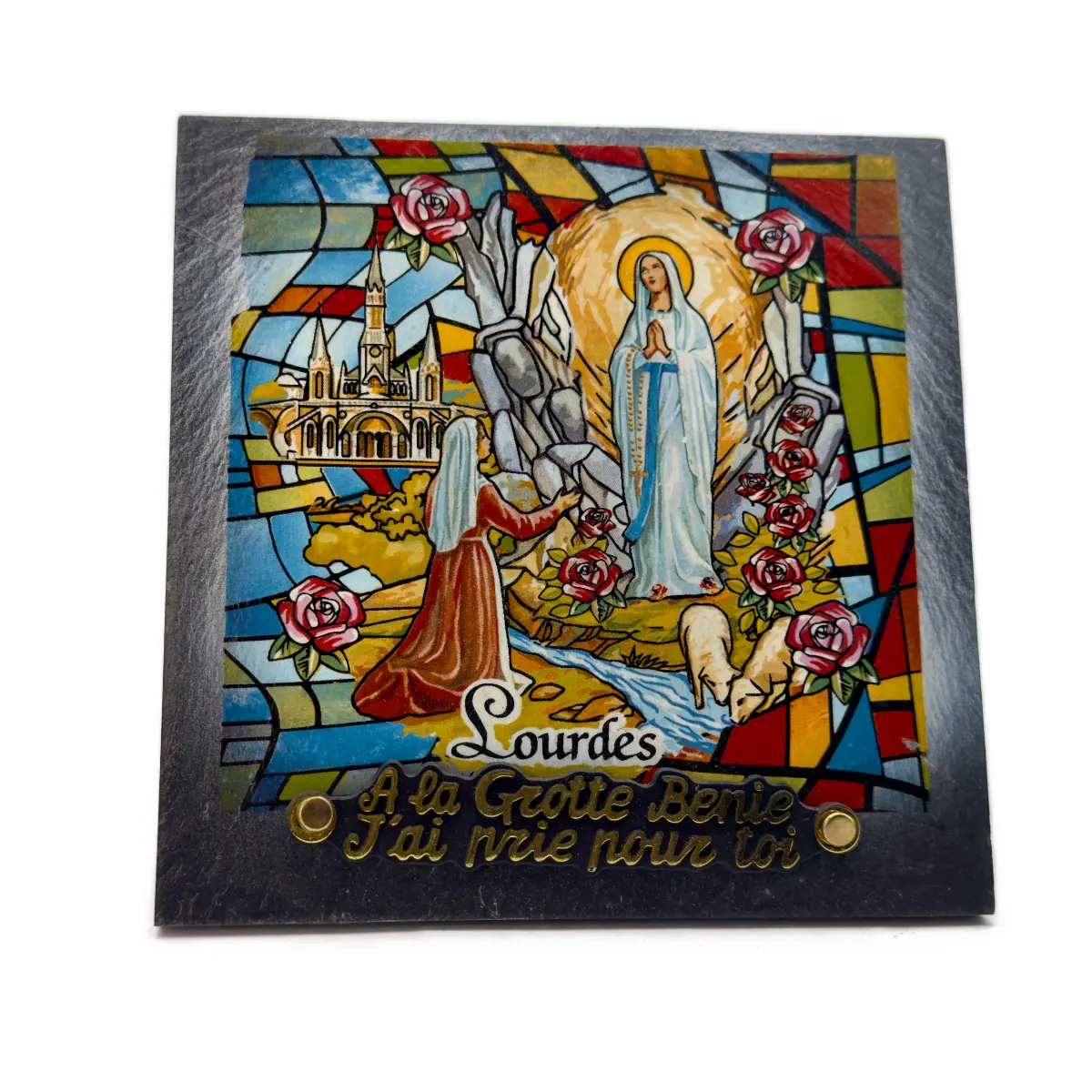 Plaque funéraire Lourdes en ardoise des Pyrénées - décor vitrail couleur - 20 x 20 cm