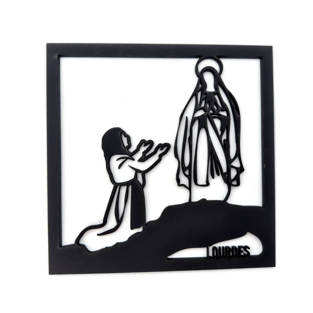 Tableau en bois noir Apparition de Lourdes 25 x 25 cm