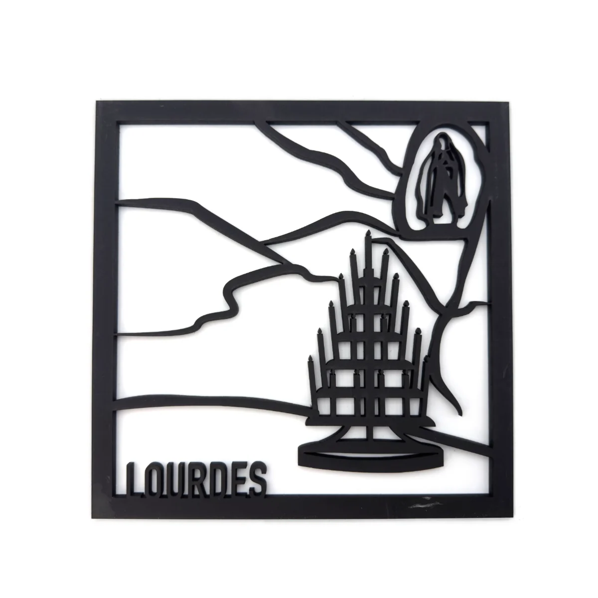 Tableau en bois noir Grotte Massabielle de Lourdes – 25 x 25 cm – fabrication française
