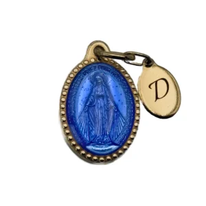 Médaille Miraculeuse dorée émaillée bleue avec initiale personnalisée