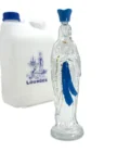 Bouteille Vierge de Lourdes en verre, avec couronne dorée et ceinture bleue