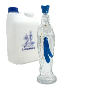 Bouteille Vierge de Lourdes en verre, avec couronne dorée et ceinture bleue