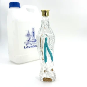 Bouteille Vierge de Lourdes en verre, avec couronne dorée et ceinture bleue